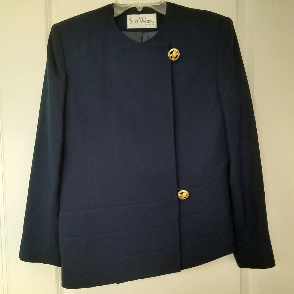 Navy 100% Wool Asymmetrical Suit Jacket - (Coordinates with Skirt) - Size 10
